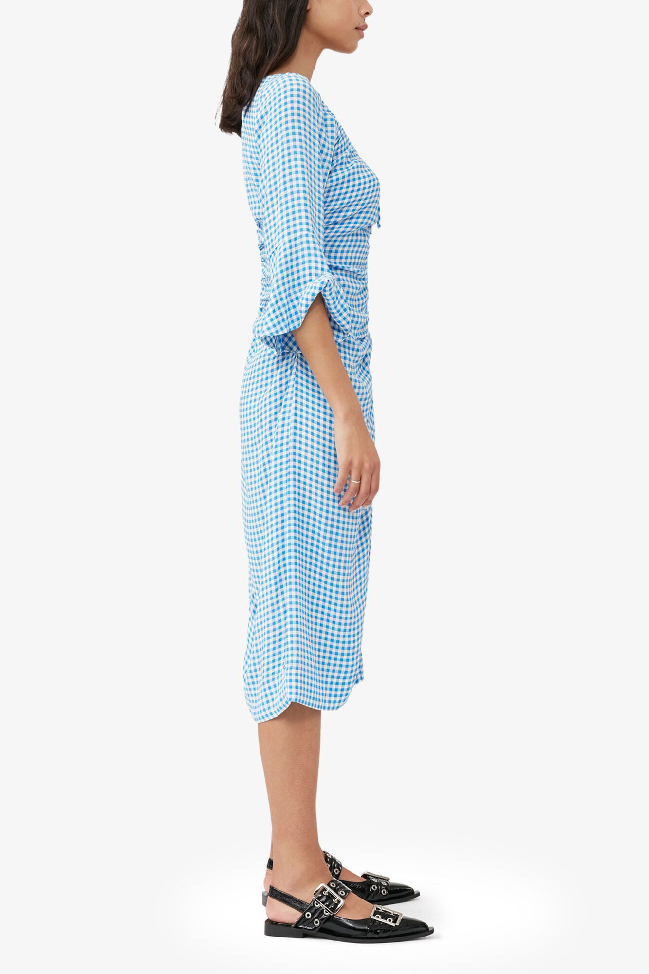 Printed Crepe Gathered U-neck Midi Dress, Viscose, in colour Strong Blue - 4 - GANNI