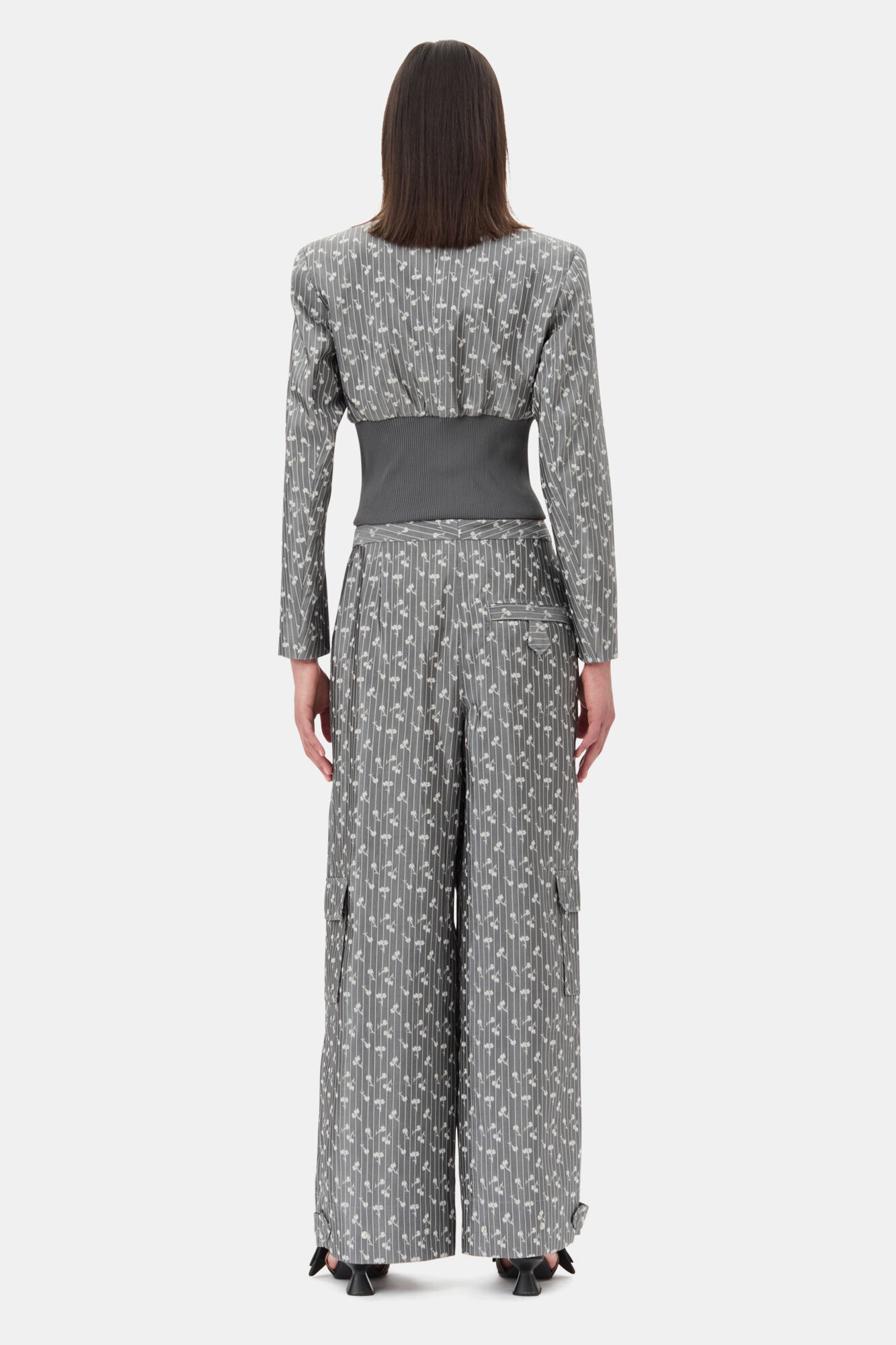 Grey Jacquard Cropped Blazer, Acetate, in colour Smoked Pearl - 4 - GANNI
