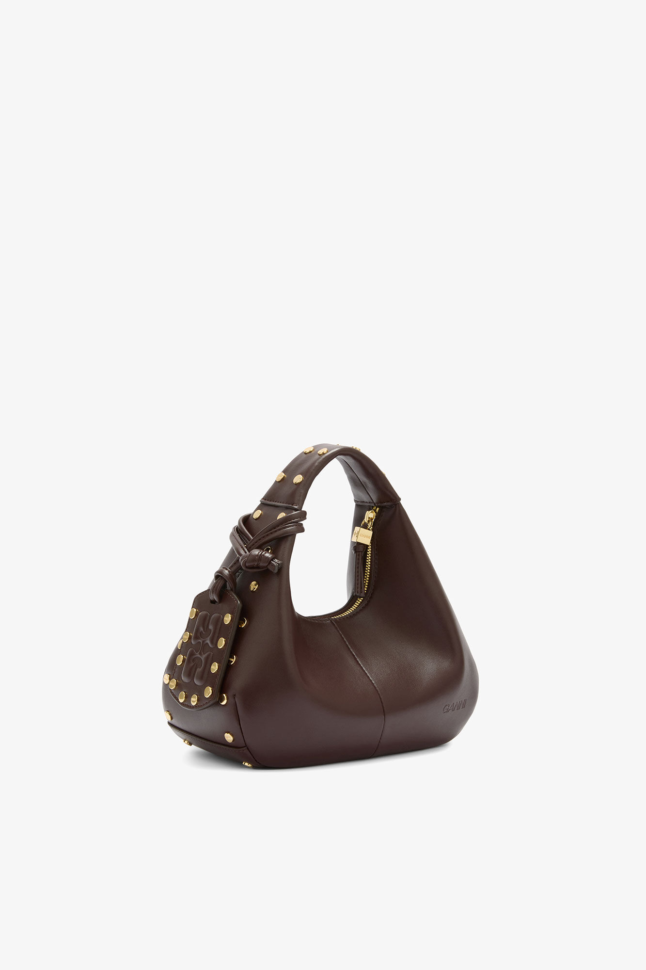 Mini Hobo Bag Studs in Brown, Recycled Leather, in colour Chicory Coffee - 2 - GANNI