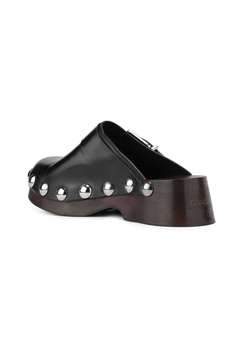 Klackskor i läder med nitar, Leather, in colour Black - 2 - GANNI