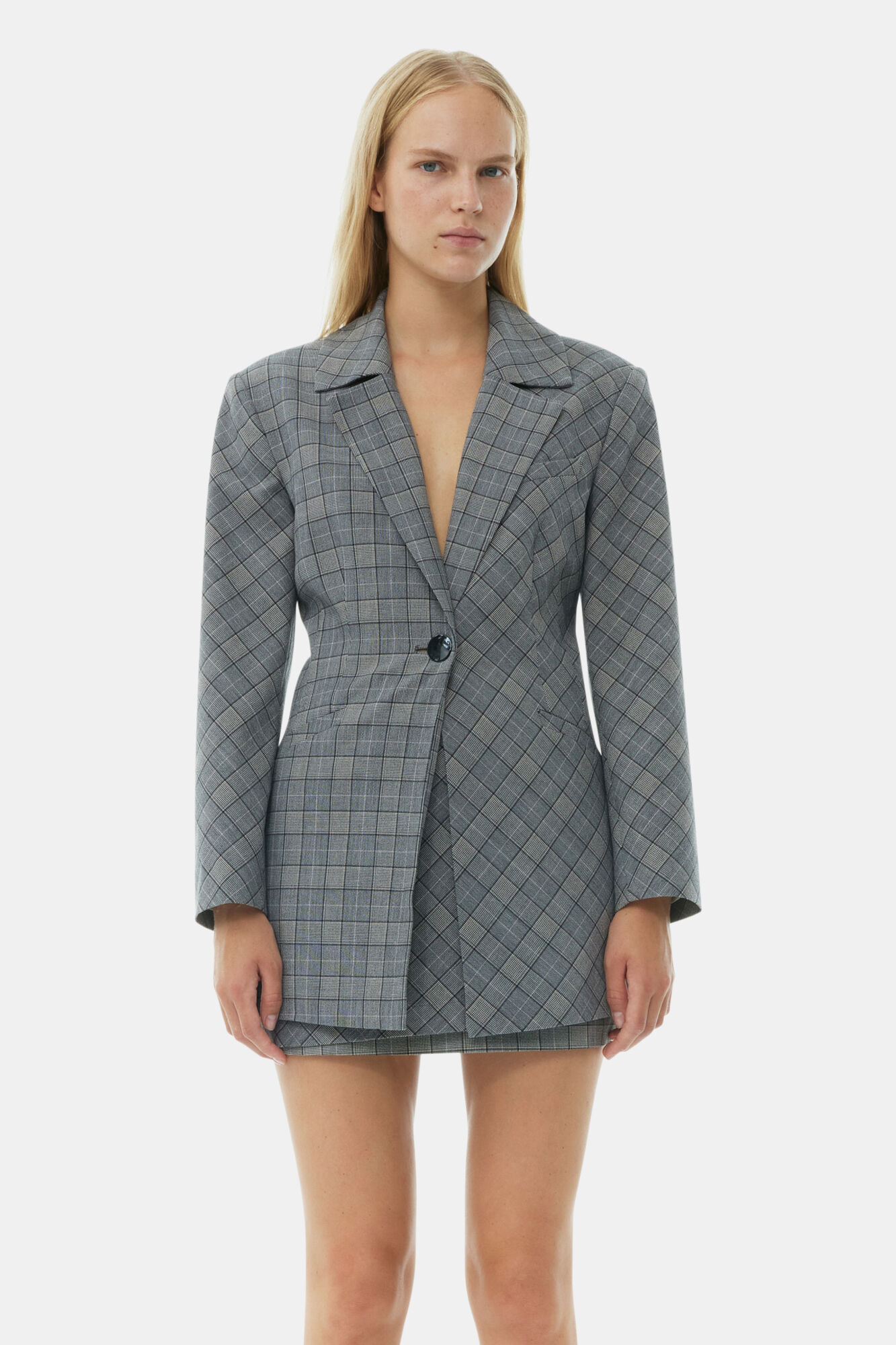 Grey Checkered Fitted Blazer, Elastane, in colour Frost Gray - 1 - GANNI