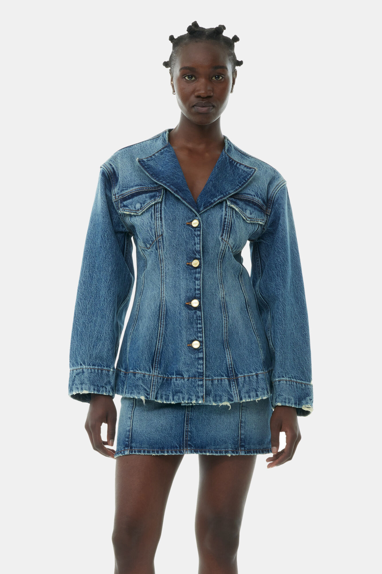 Sparkle Logo Denim Fitted Blazer, Cotton, in colour Tint Wash - 1 - GANNI