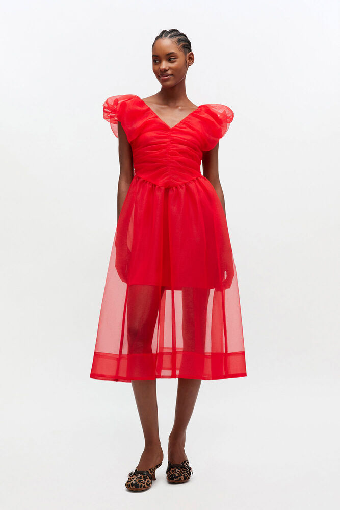 Red Organza Ruched Dress, Mars Red