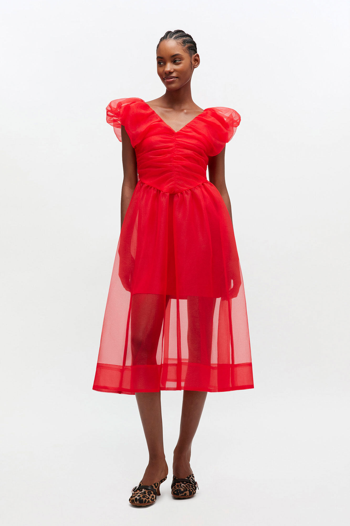 Red Organza Ruched Dress, in colour Mars Red - 1 - GANNI