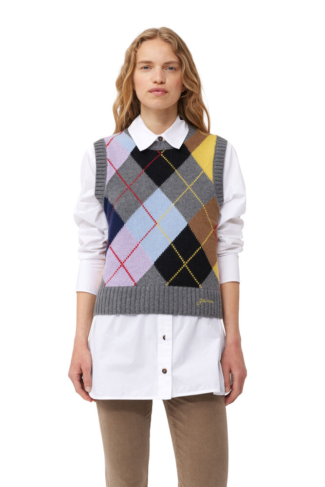 GANNI Harlequin Wool Mix Knit Vest,Frost Gray