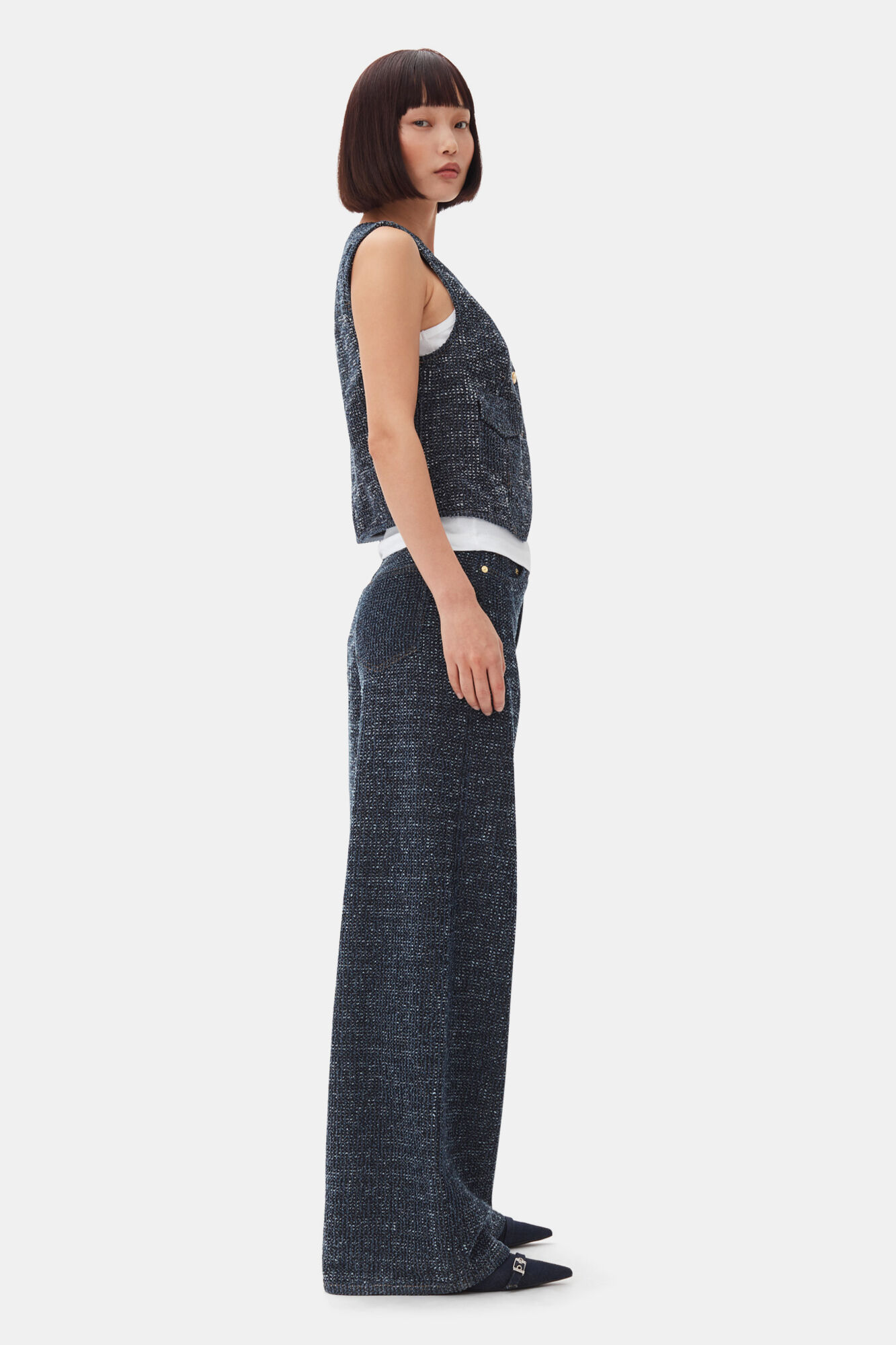 Dark Blue Textured Vest, Cotton, in colour Rinse - 3 - GANNI