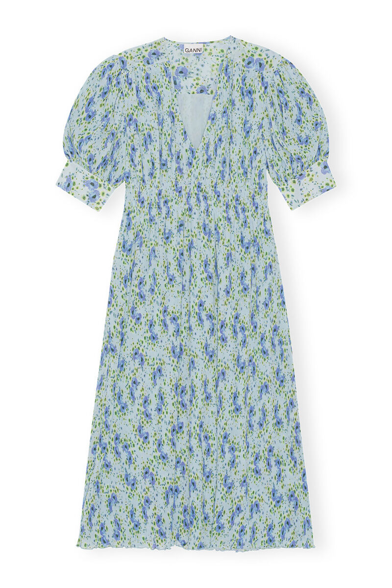 Pleated Georgette V-neck Smock Midikjole, Recycled Polyester, in colour Ice Water - 1 - GANNI