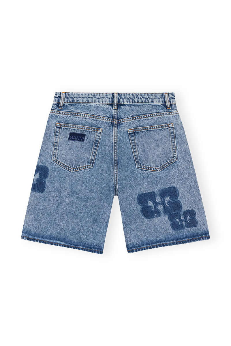 Patch Denim Shorts, Cotton, in colour Mid Blue Stone - 2 - GANNI