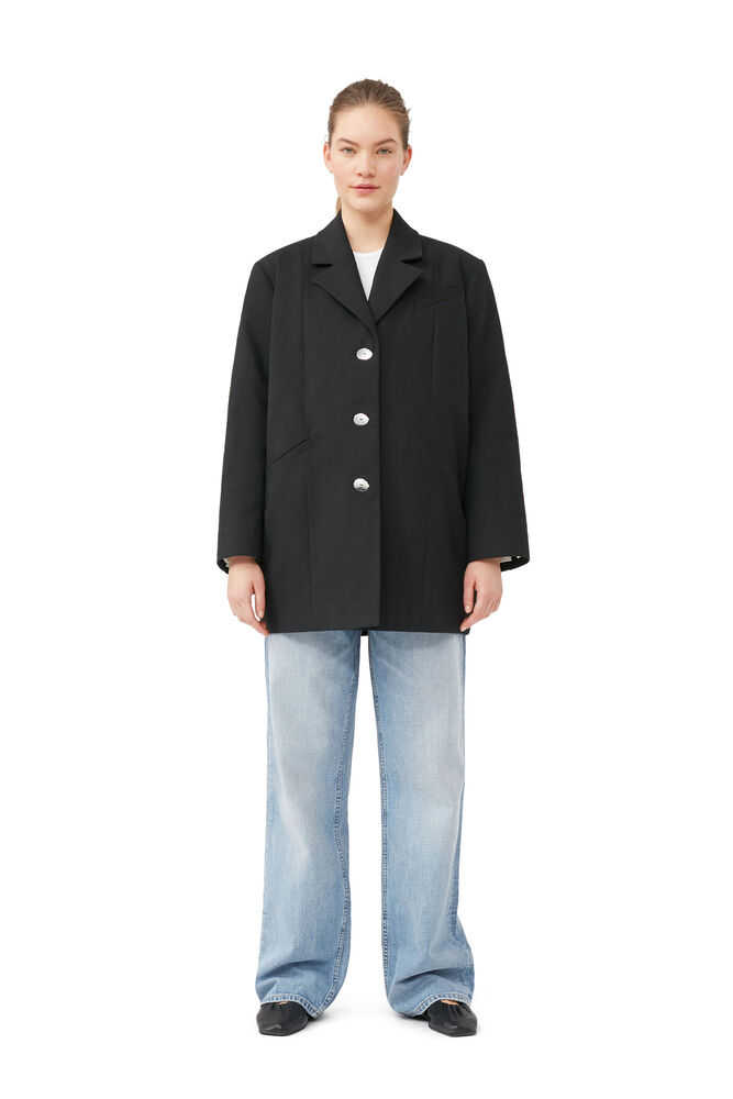 GANNI Cotton Suiting Oversized Blazer,Black