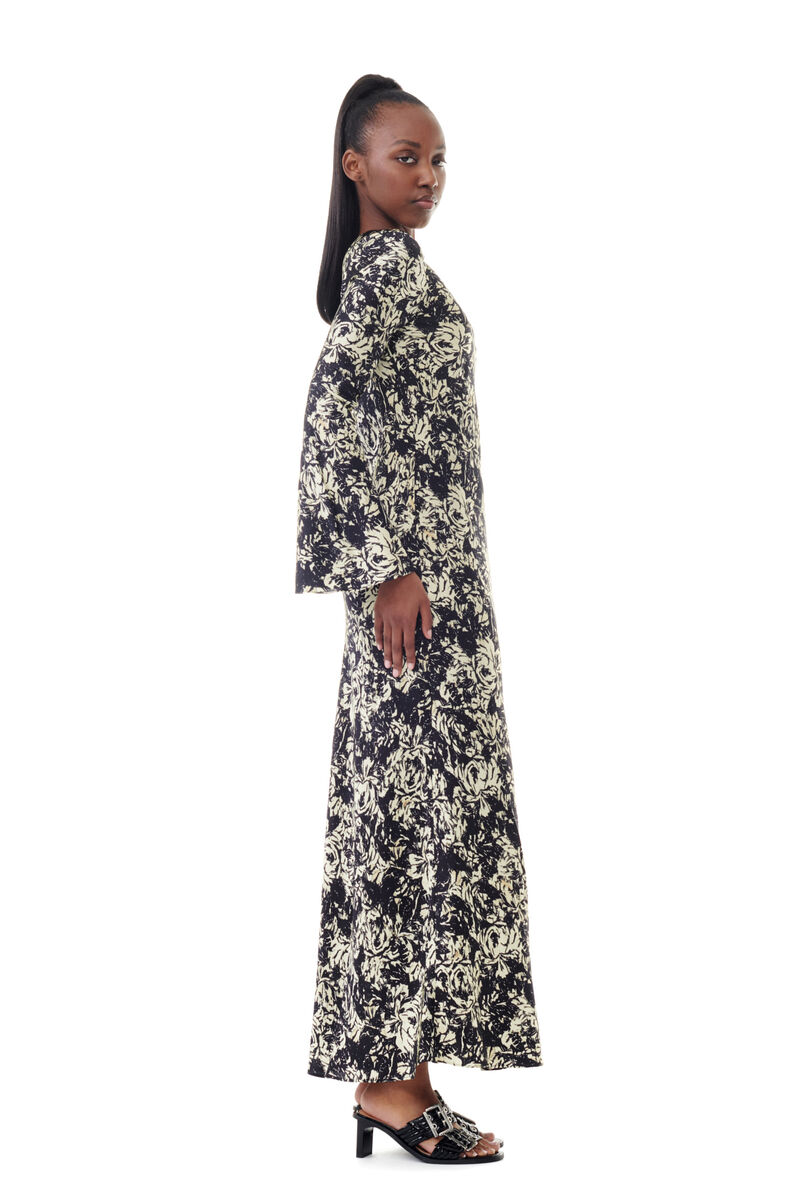 Printed Satin Maxi Dress, in colour Flan - 3 - GANNI