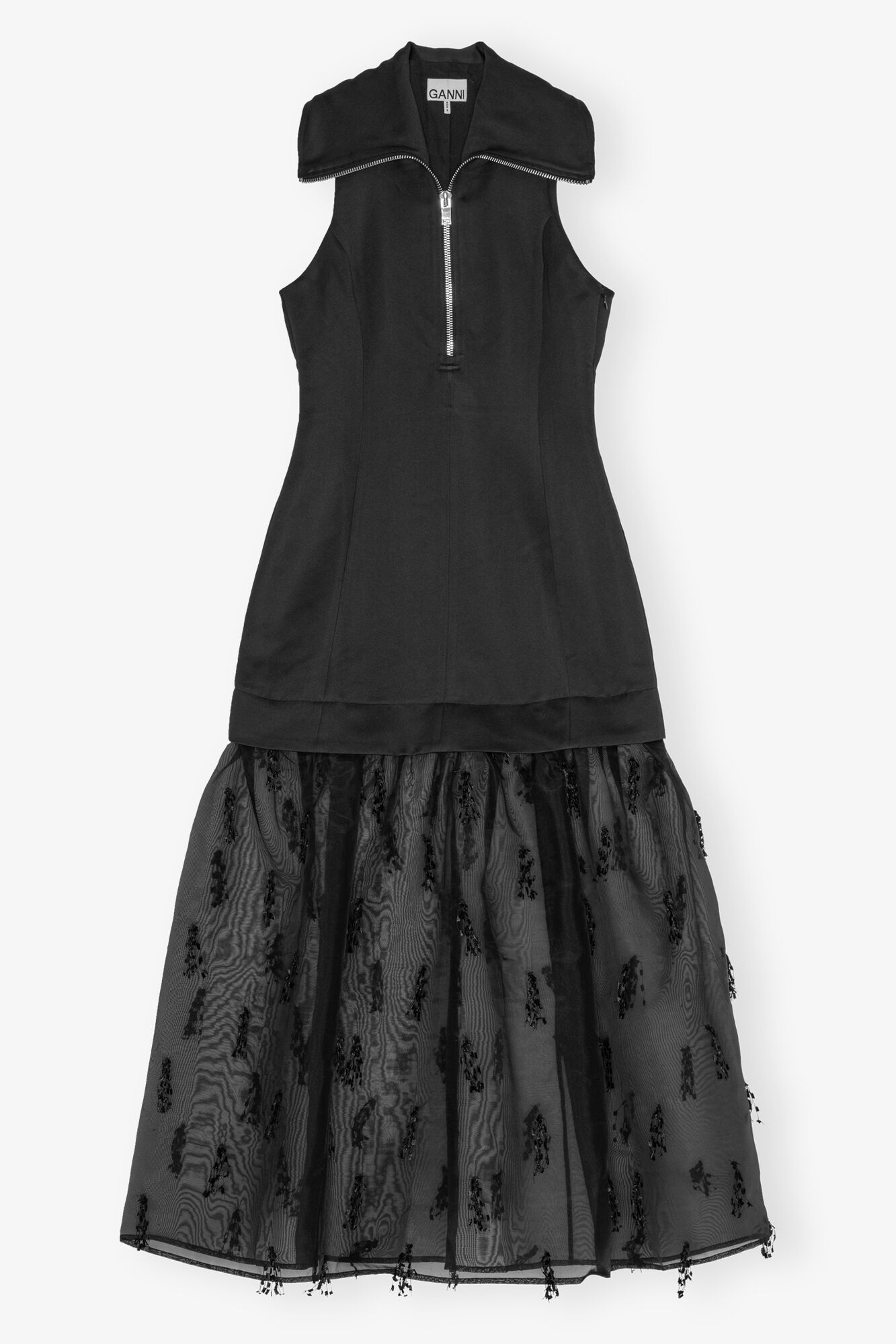 Black Fringed Organza Long Dress, Recycled Polyester, in colour Black - 1 - GANNI