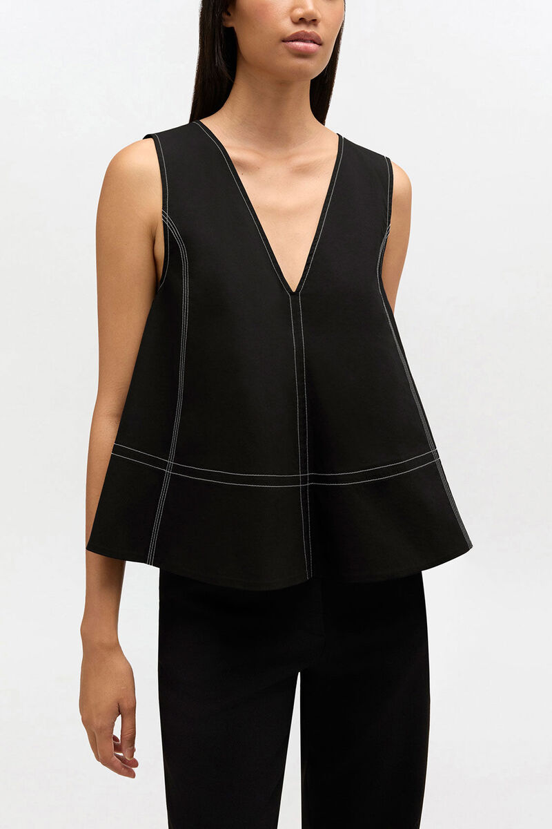Black Cotton A-line Top, Organic Cotton, in colour Black - 1 - GANNI