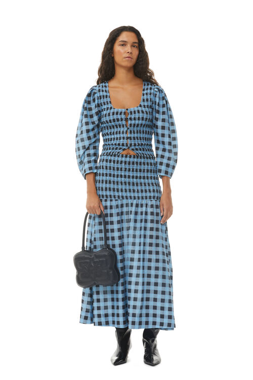 가니 GANNI Checkered Cotton Silk Long Smock Skirt,Alaskan Blue