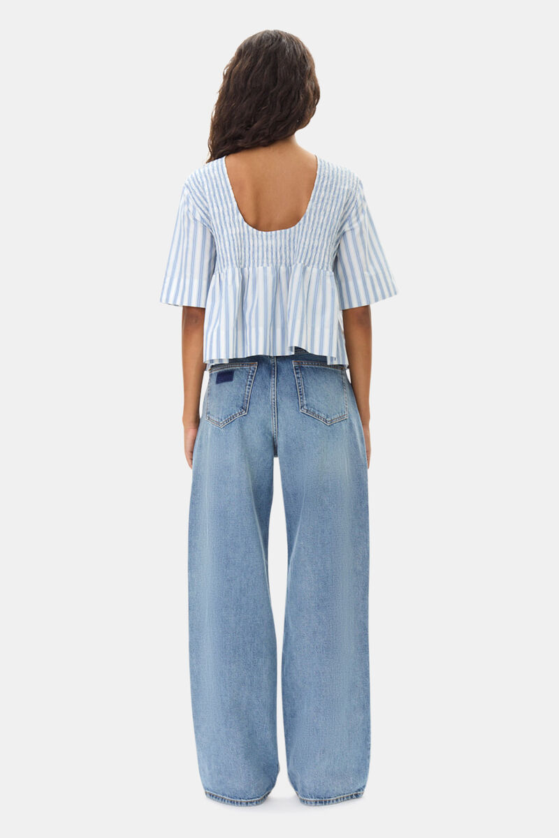 Blue Stripe Cotton Smock Blouse, Cotton, in colour Egret - 4 - GANNI