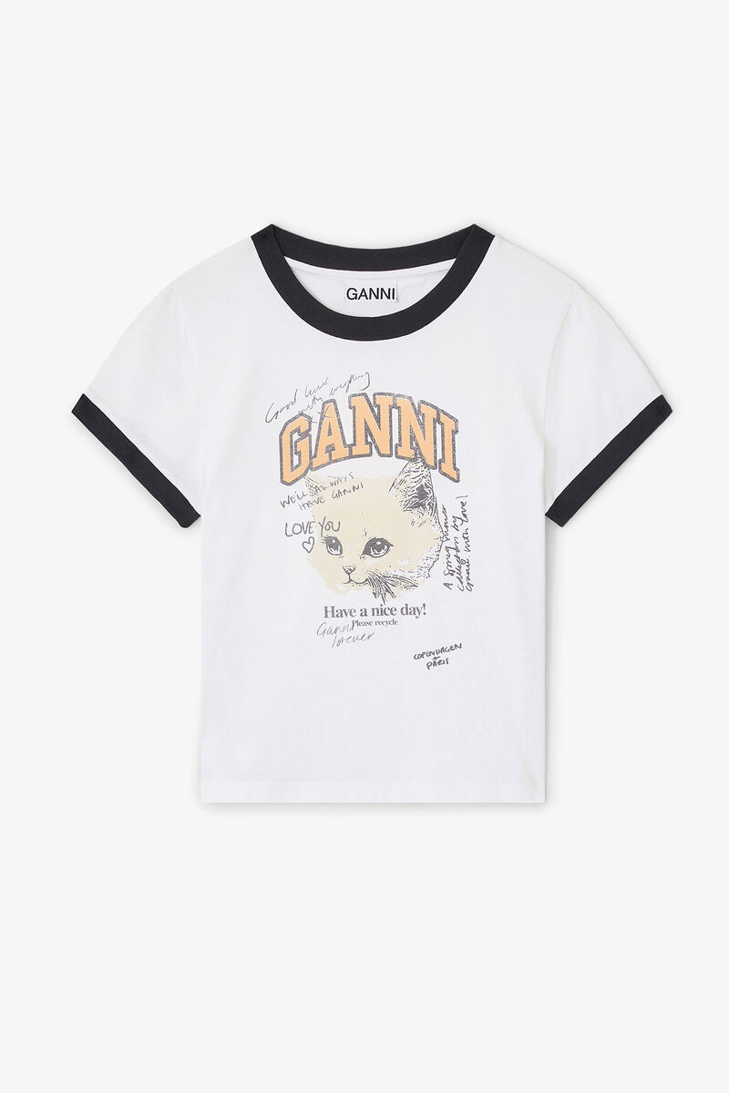 White Cropped Kitty T-shirt, Cotton, in colour Bright White - 1 - GANNI
