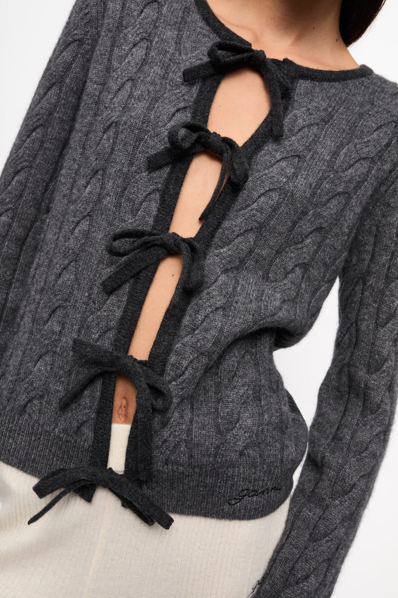 Grey and Black Cashmere Mix Tie String Cardigan, Merino Wool, in colour Phantom - 4 - GANNI