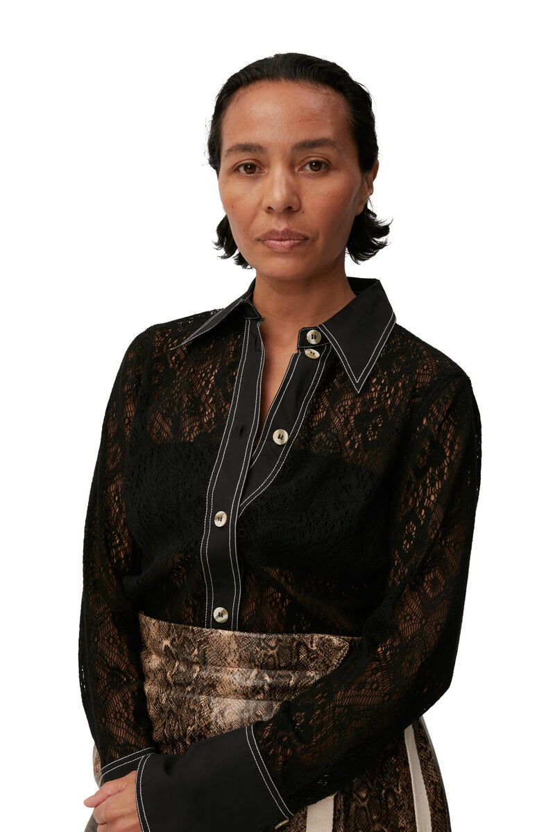 Lace Shirt , Cotton, in colour Black - 6 - GANNI