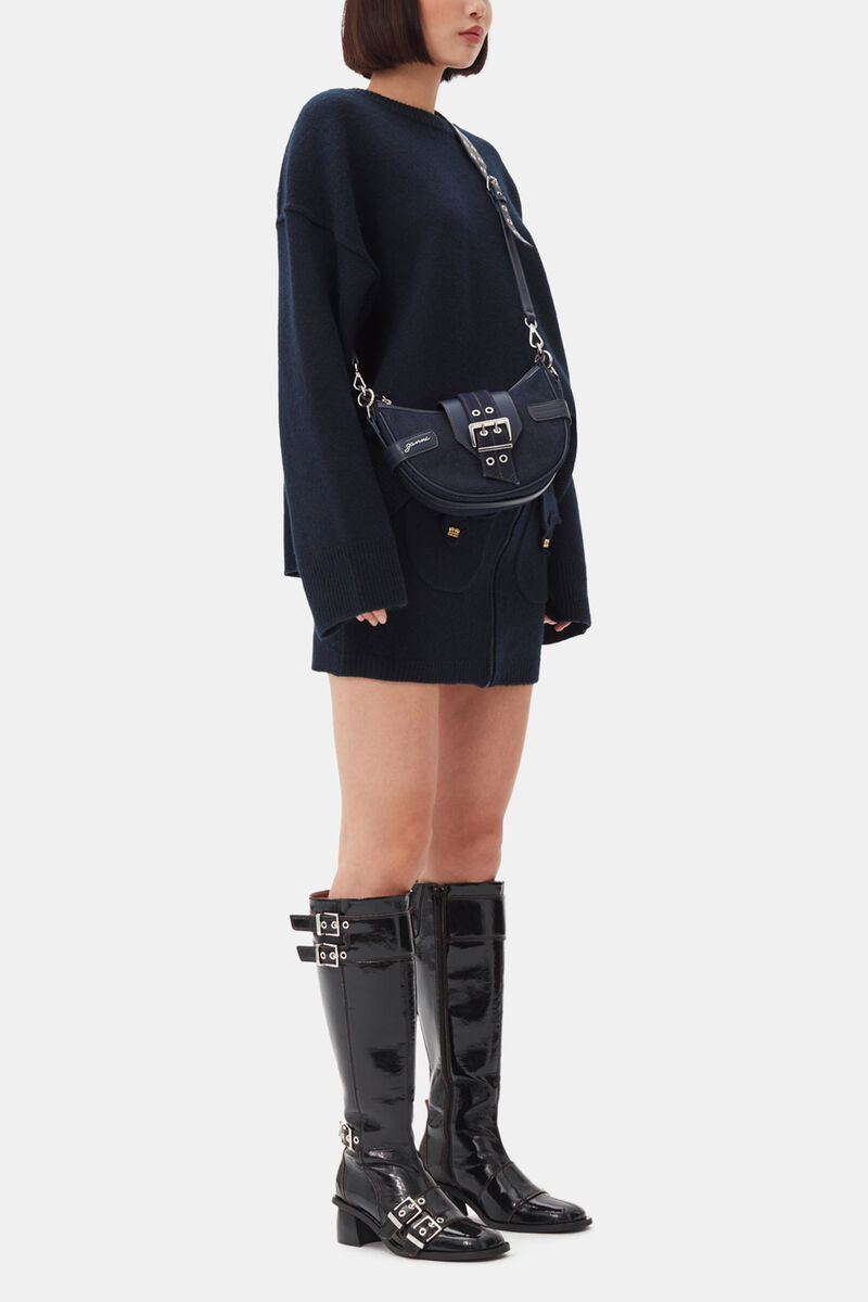 Dark Blue Denim Small Bucky Crossbody Bag, Recycled Cotton, in colour Dark Navy - 2 - GANNI