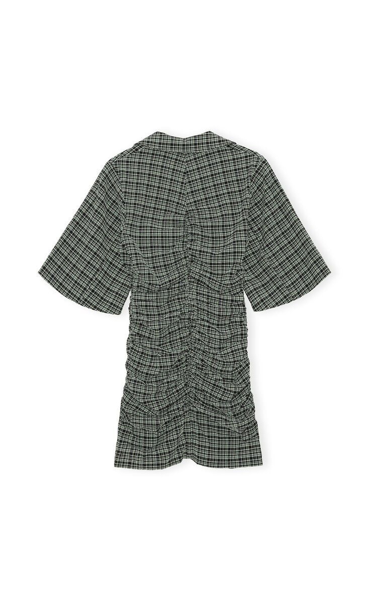 Seersucker V-Neck Mini Dress, Elastane, in colour Mini Check Green Bay - 2 - GANNI