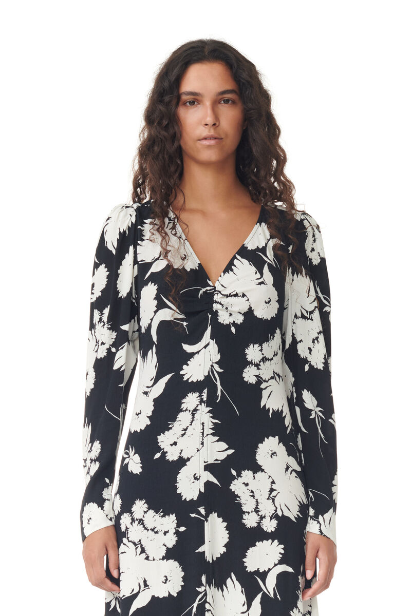 Printed Crepe V-neck Dress, LENZING™ ECOVERO™, in colour Black - 2 - GANNI