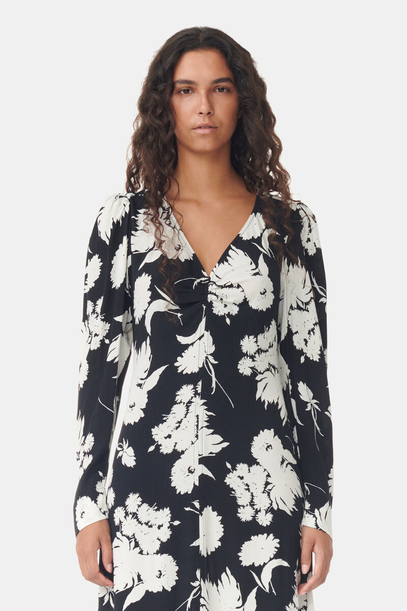 Black Printed Crepe V-neck Dress | GANNI AT