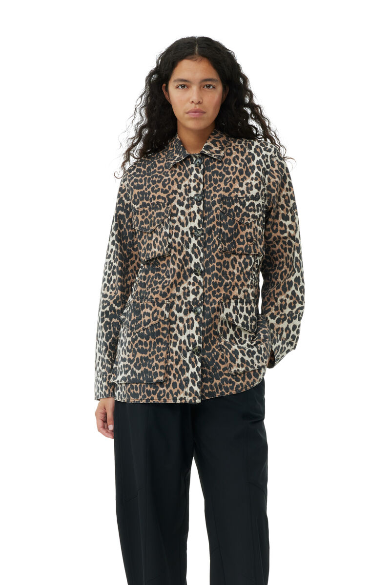 Leopard Cotton Canvas-jakke, Elastane, in colour Almond Milk - 1 - GANNI