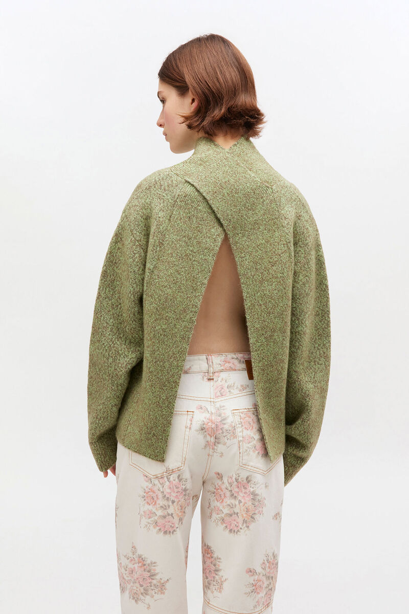 Green Open Back Sweater, Mohair, in colour Nile - 3 - GANNI