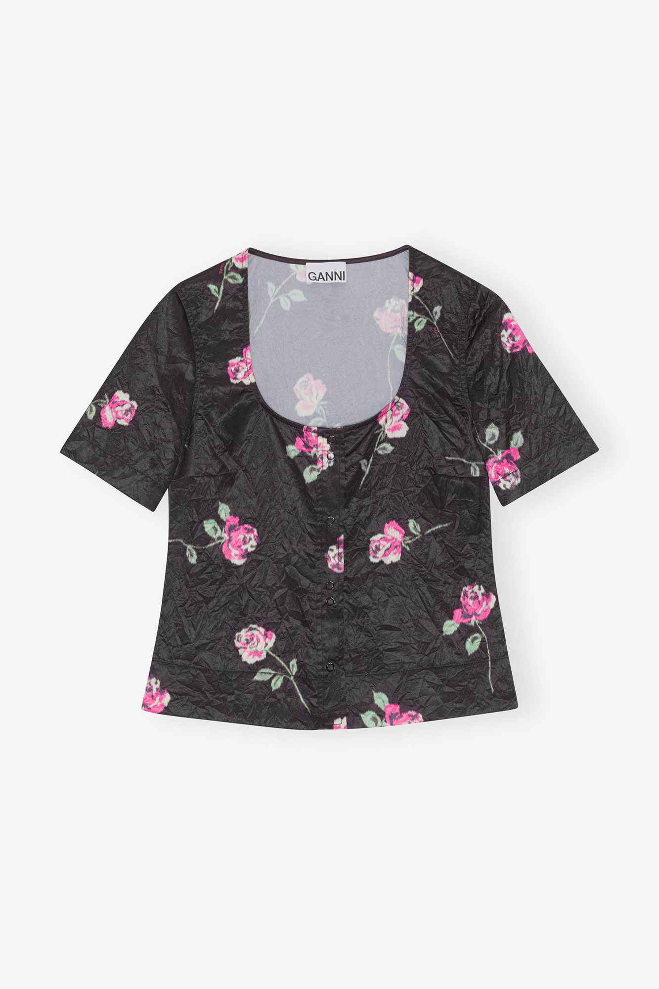 Blus i krusad satin, Elastane, in colour Black - 1 - GANNI
