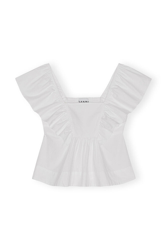 Cotton Poplin Ruffle Blouse, Bright White