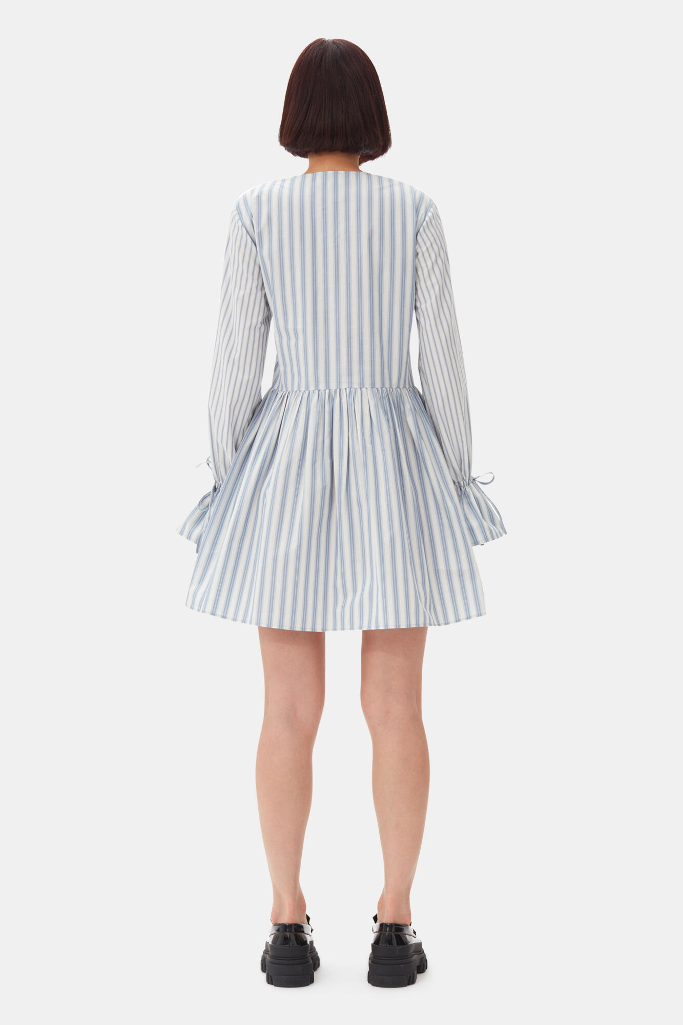 Blue Stripe Cotton Mini Wrap Dress, Cotton, in colour Egret - 5 - GANNI