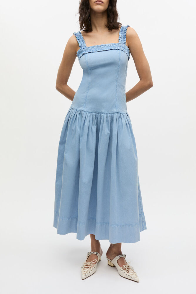Blue Washed Stretch Cotton Corset Dress, Soft Chambray