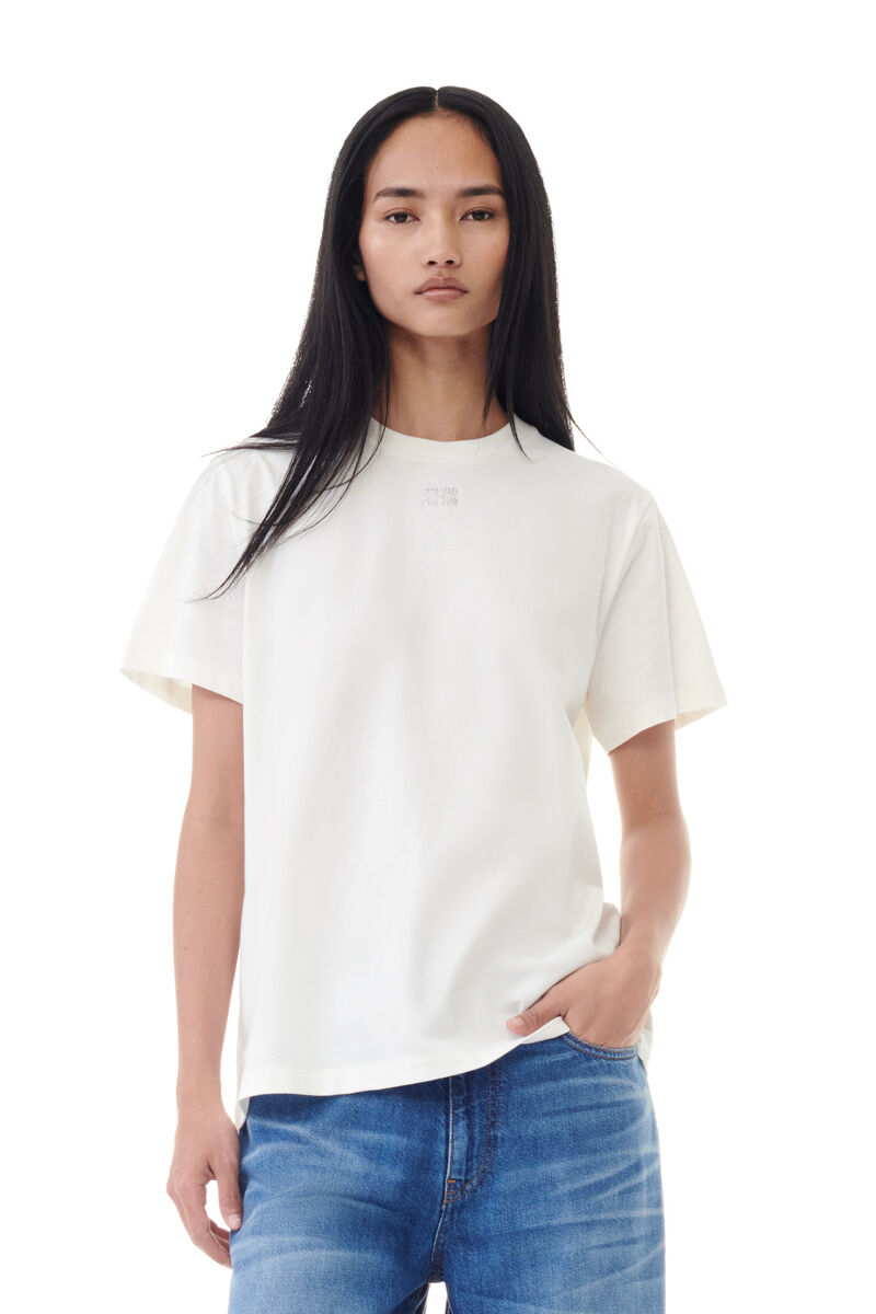 T-shirt White Basic Jersey Rhinestone Relaxed, Cotton, in colour Egret - 1 - GANNI