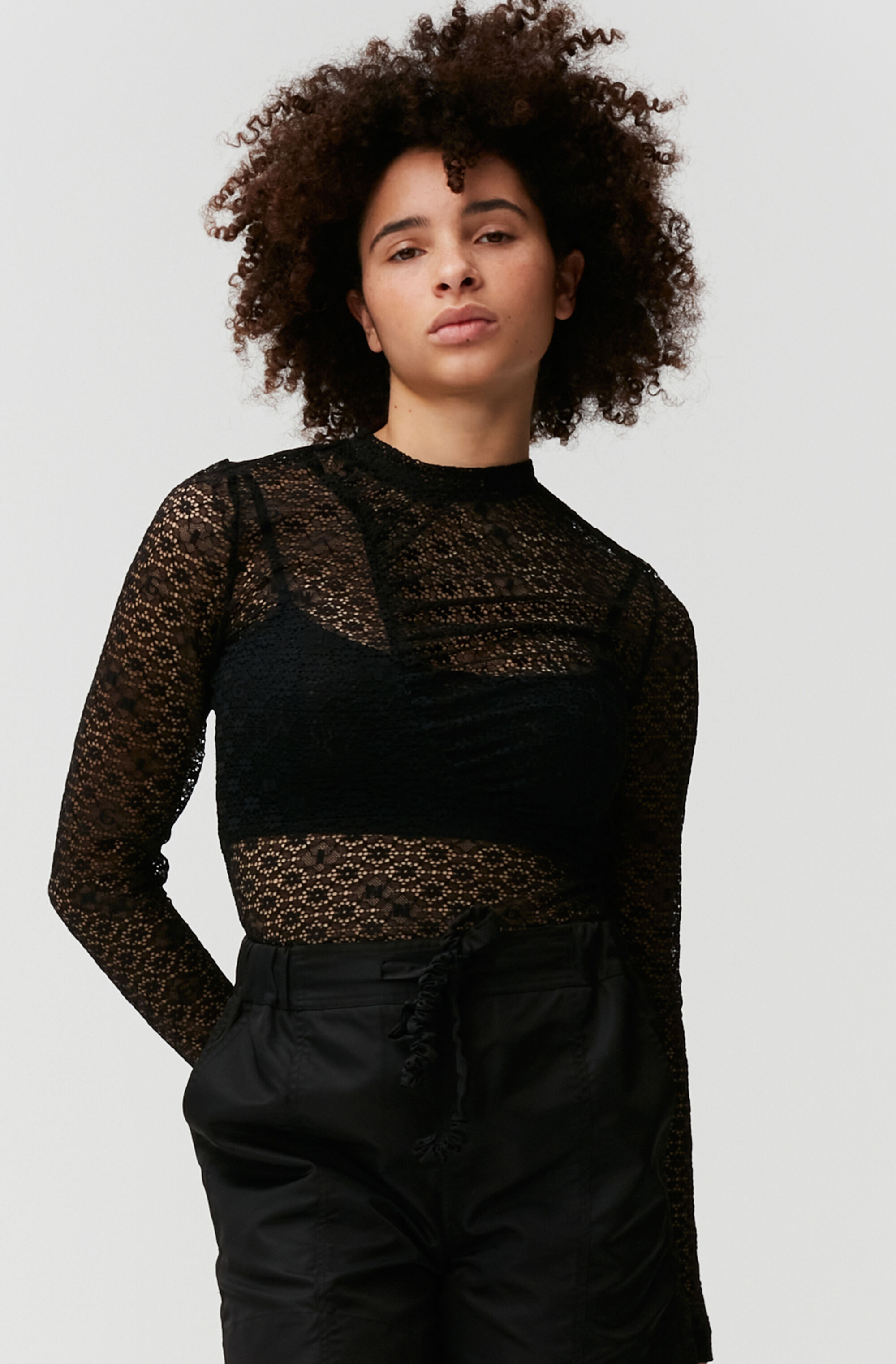 Black Lace Ruched Seam Top Ganni