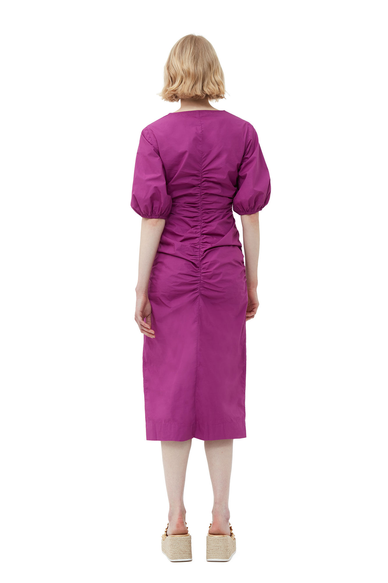 Cotton Poplin Gathered Open-neck Maxikjole, Cotton, in colour Purple Wine - 2 - GANNI