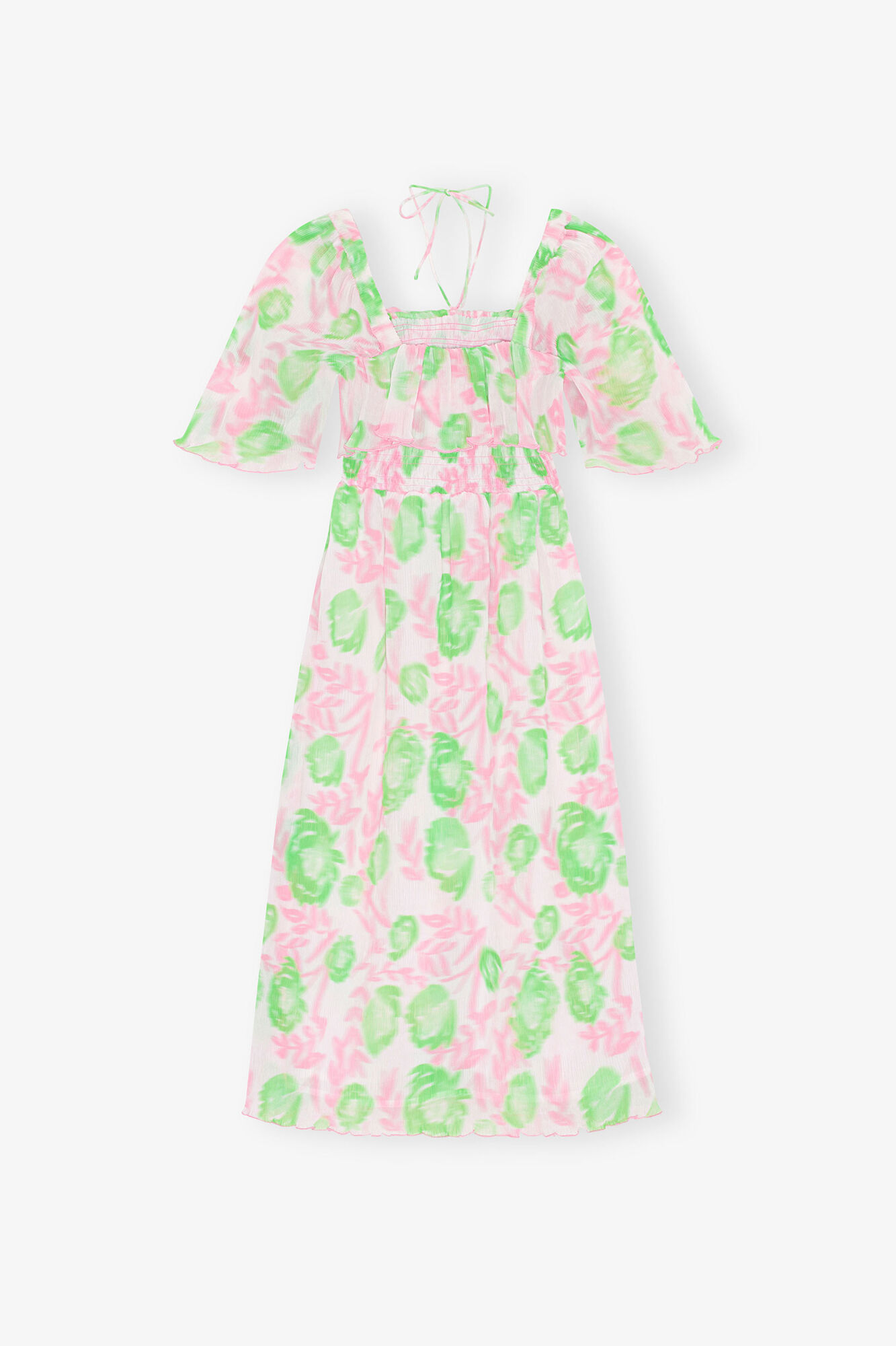Robe midi &agrave; smocks en georgette pliss&eacute;e, Recycled Polyester, in colour Pink Tulle - 2 - GANNI