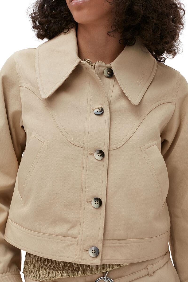 Kurze Jacke aus Heavy Twill, Recycled Polyester, in colour Pale Khaki - 4 - GANNI