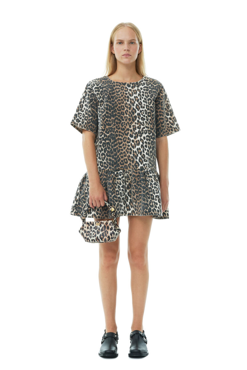 Leopard Open-back Mini Denim klänning, Cotton, in colour Leopard - 1 - GANNI