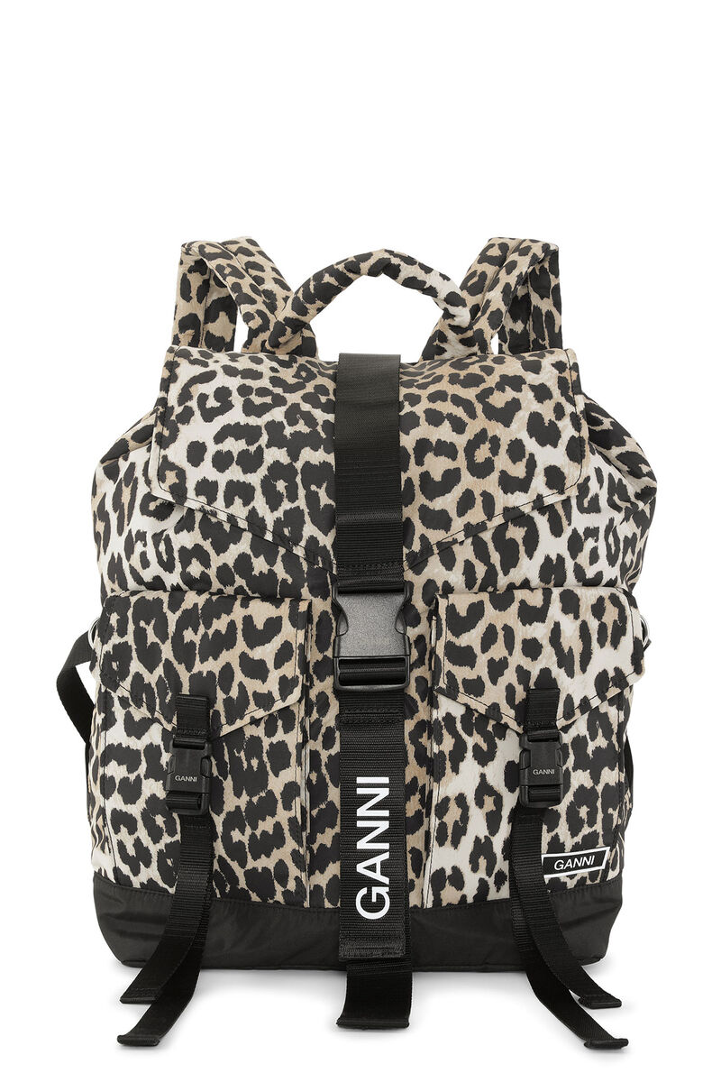Leopard Tech Backpack, Recycled Polyester, in colour Leopard - 1 - GANNI