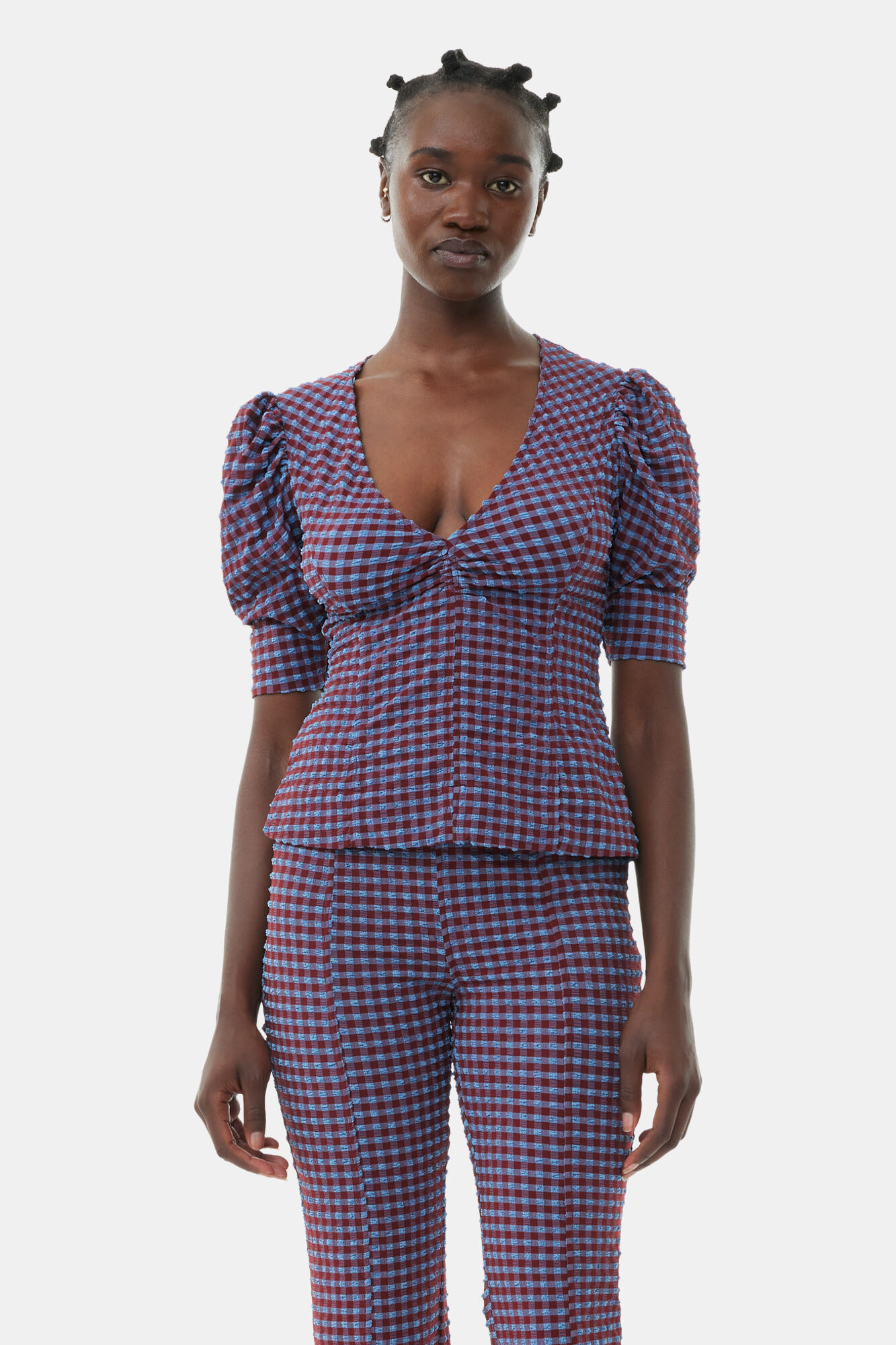 Checkered Stretch Seersucker Frill Trousers, Elastane, in colour Racing Red - 2 - GANNI