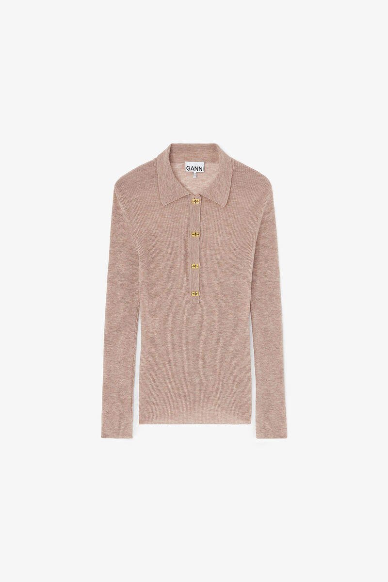 Polo Shirt in Sheer Wool, Wool, in colour Safari - 1 - GANNI