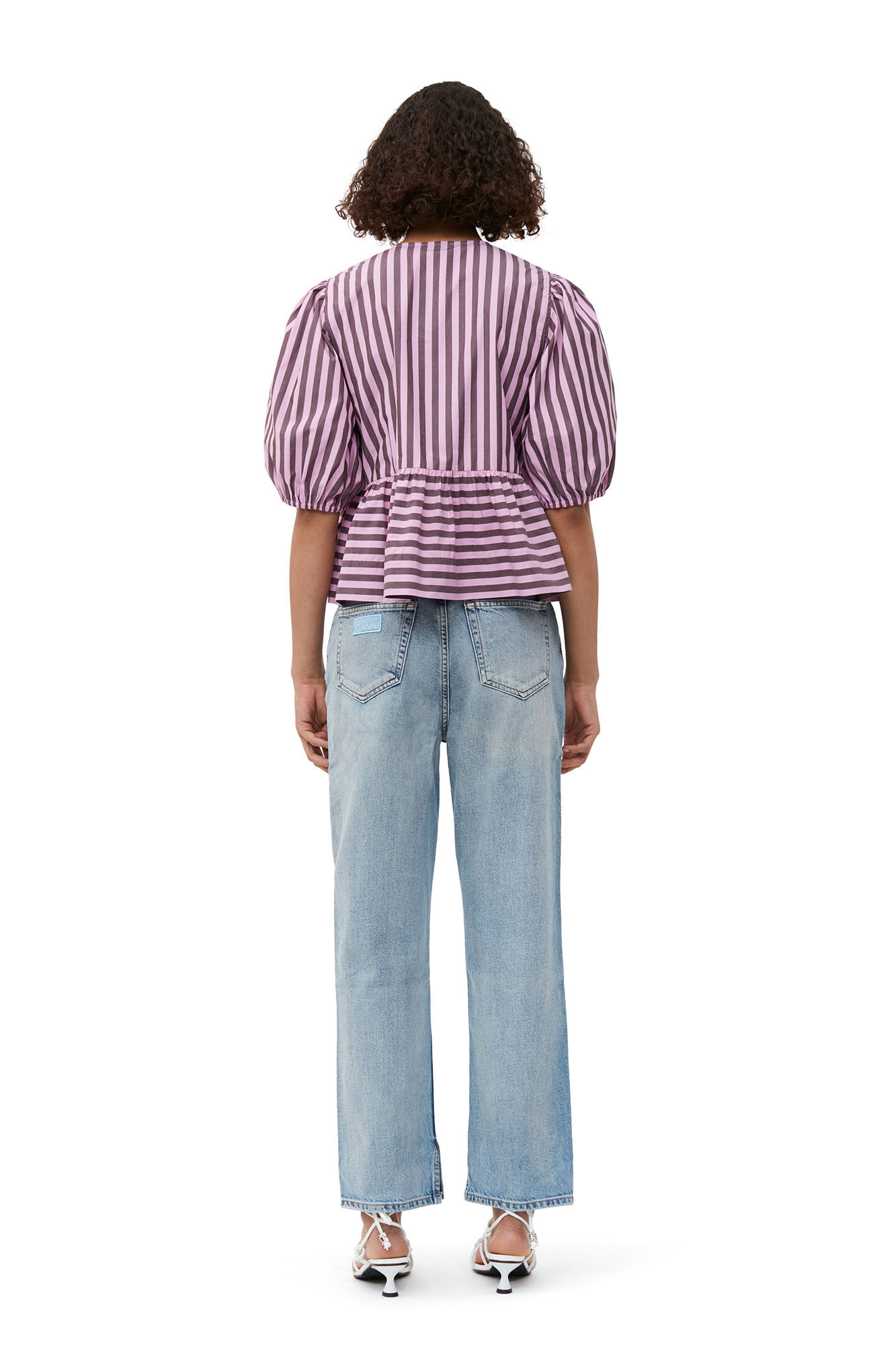 Striped Cotton Peplum Blouse, Cotton, in colour Bonbon - 3 - GANNI