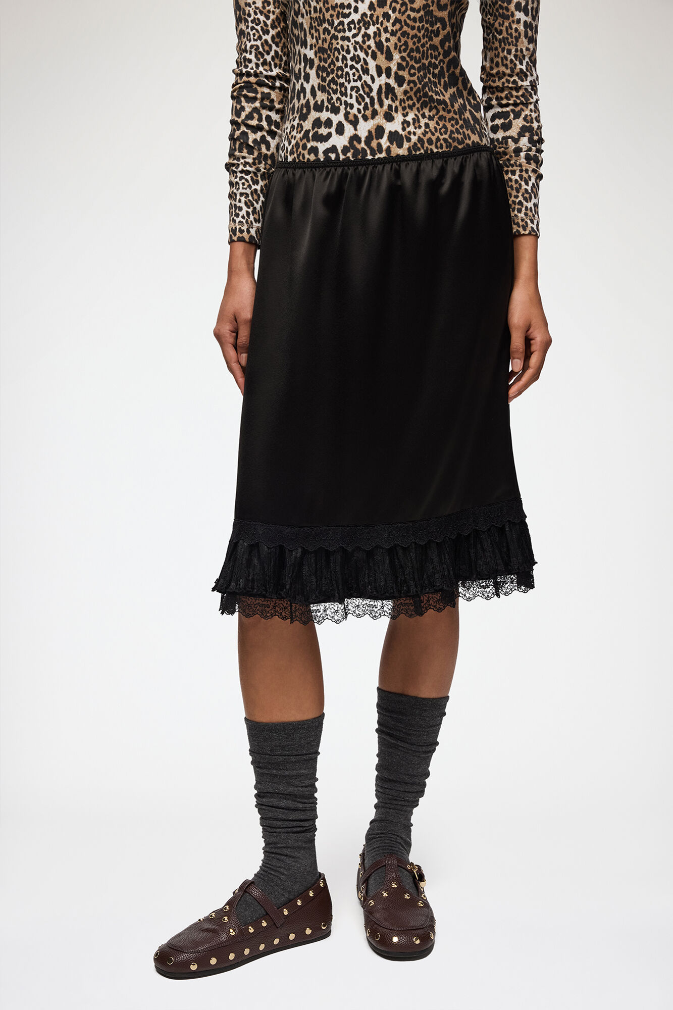 Skirt in Frill Satin, Acetate, in colour Black - 2 - GANNI