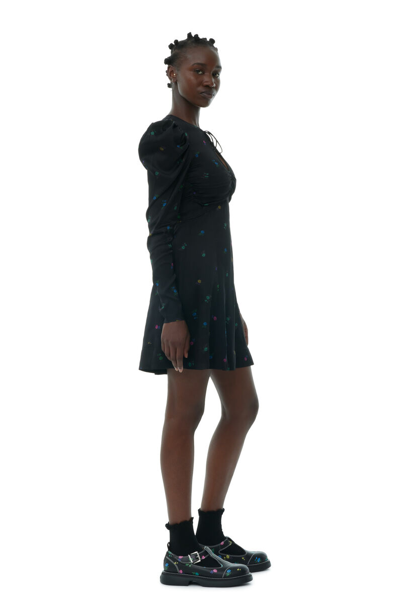 Floral Printed Satin Long Sleeve Mini Kleid, in colour Black - 3 - GANNI