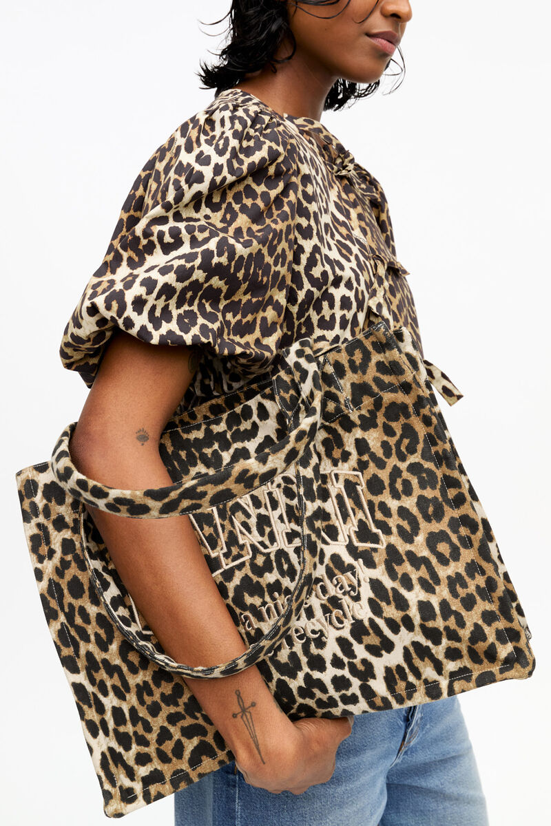 Leopard Large Tote, Recycled Cotton, in colour Leopard - 4 - GANNI