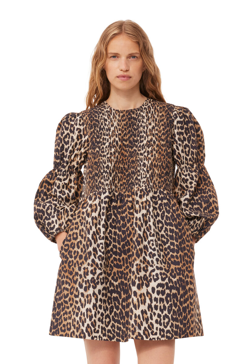 Leopard Cotton Poplin Smock Mini Dress, Cotton, in colour Leopard - 4 - GANNI