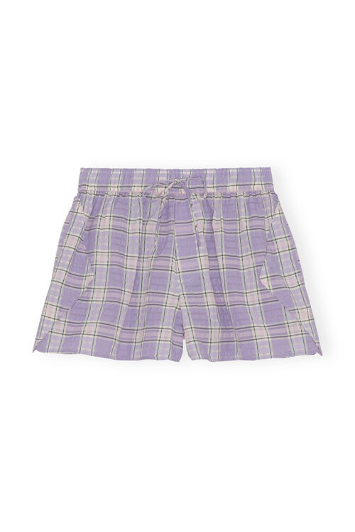 Ganni Mini Seersucker Shorts,Check Persian Violet