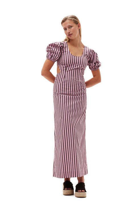 Ganni Cutout Striped Cotton-poplin Maxi Dress In Bonbon