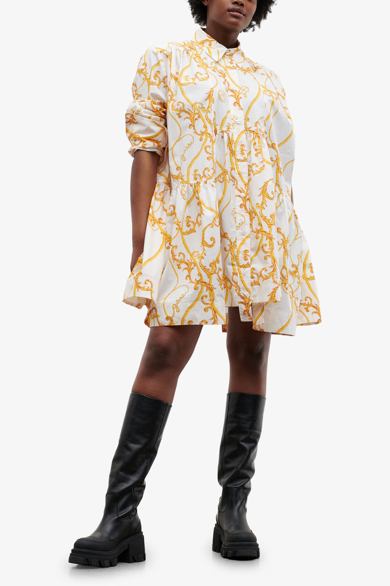 Printed Cotton Poplin Mini Shirt Dress, Cotton, in colour Egret - 1 - GANNI