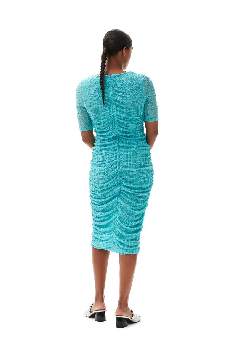 Stretch Lace Ruched Midi Dress, Elastane, in colour Blue Curacao - 2 - GANNI