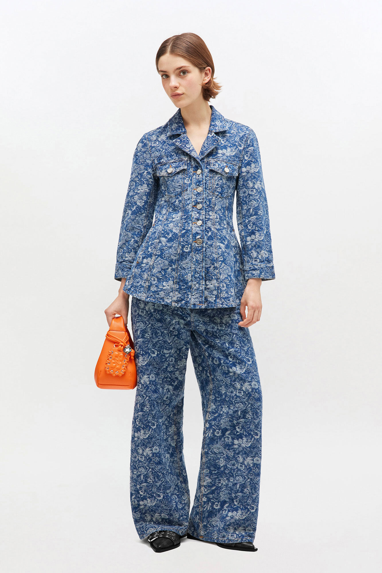 Robe courte à franges à motif tapisserie, Cotton, in colour Mid Blue Stone - 2 - GANNI